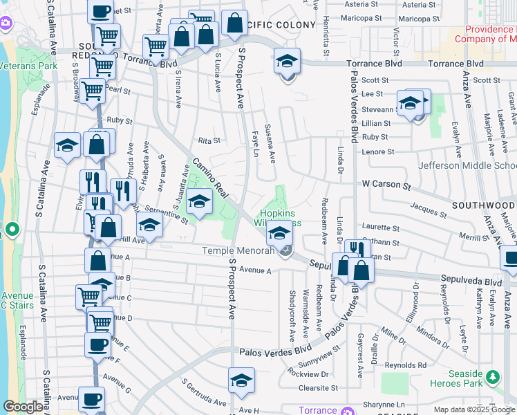 map of restaurants, bars, coffee shops, grocery stores, and more near 1117 Barbara Street in Redondo Beach