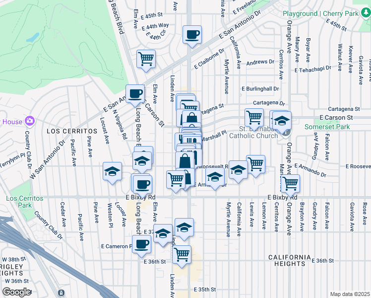 map of restaurants, bars, coffee shops, grocery stores, and more near 3922 Atlantic Avenue in Long Beach