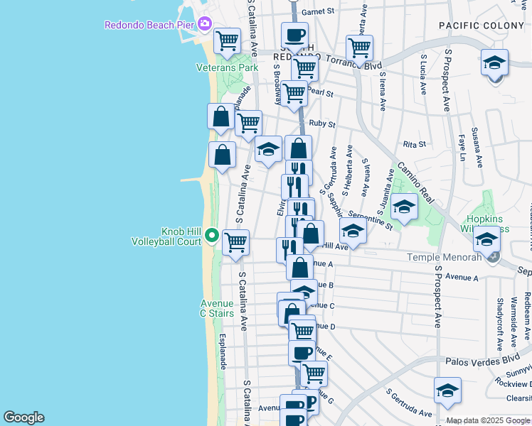 map of restaurants, bars, coffee shops, grocery stores, and more near 722 South Broadway in Redondo Beach