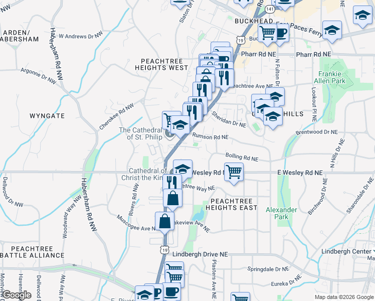 map of restaurants, bars, coffee shops, grocery stores, and more near 2767 Peachtree Road Northeast in Atlanta