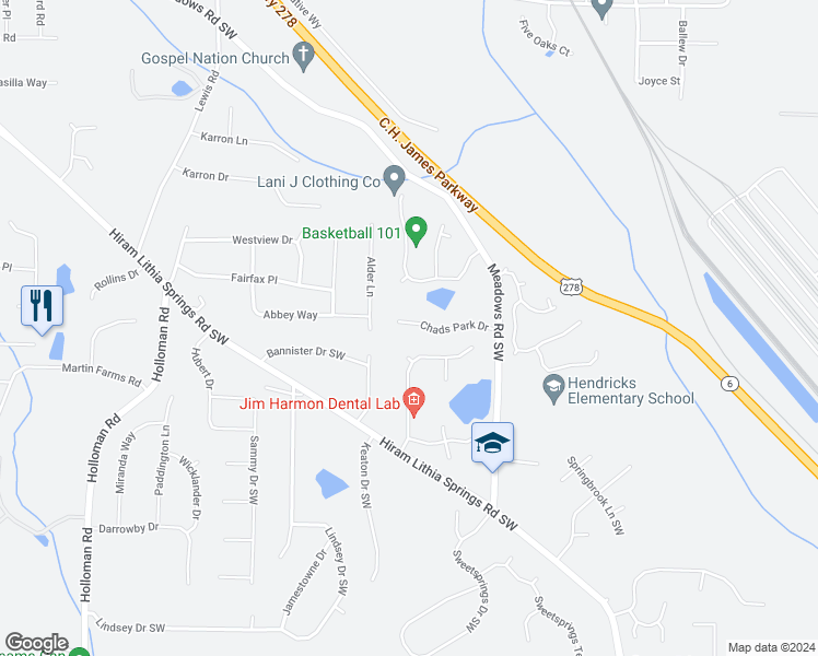 map of restaurants, bars, coffee shops, grocery stores, and more near 4277 Chads Park Drive in Powder Springs