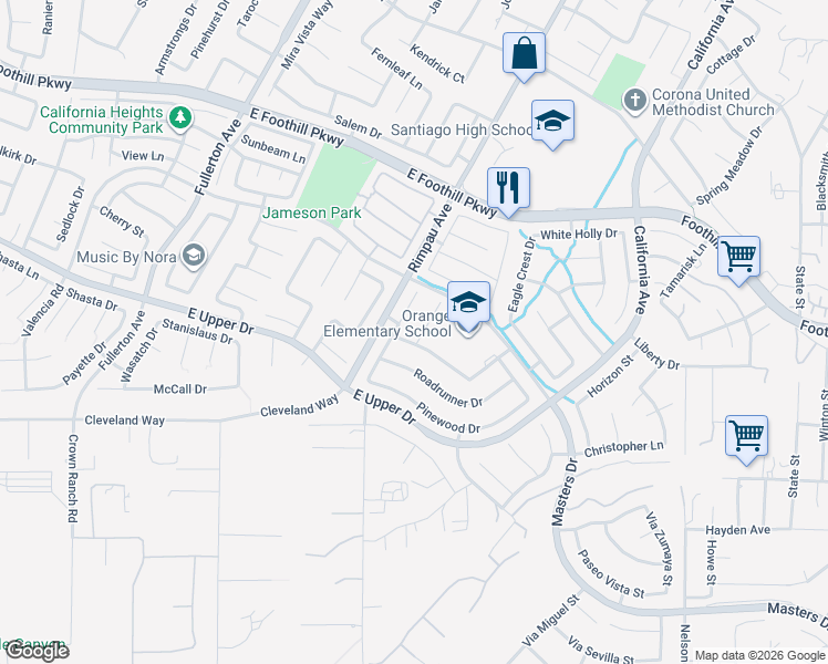 map of restaurants, bars, coffee shops, grocery stores, and more near 1383 Roadrunner Drive in Corona