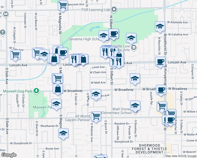 map of restaurants, bars, coffee shops, grocery stores, and more near 221 Mall Way in Anaheim