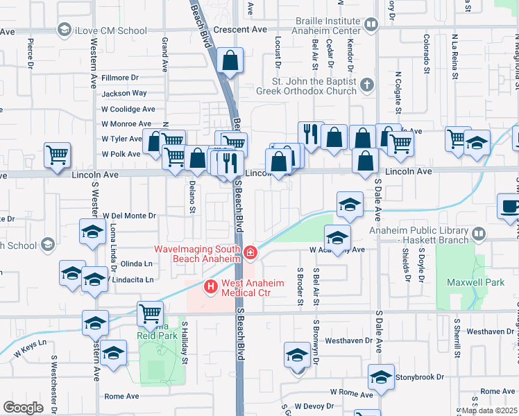 map of restaurants, bars, coffee shops, grocery stores, and more near 210 South Laxore Street in Anaheim