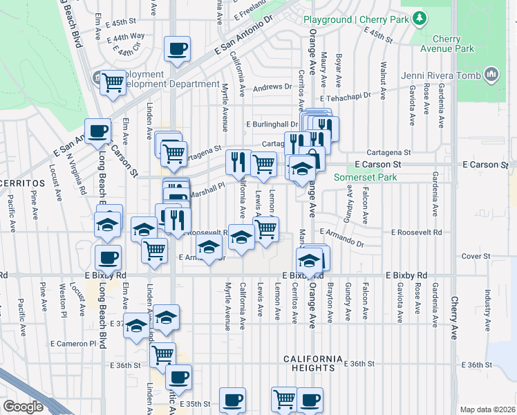 map of restaurants, bars, coffee shops, grocery stores, and more near 3913 Lemon Avenue in Long Beach