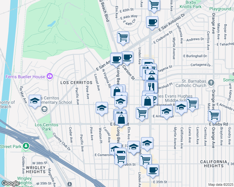 map of restaurants, bars, coffee shops, grocery stores, and more near 3913 Long Beach Boulevard in Long Beach
