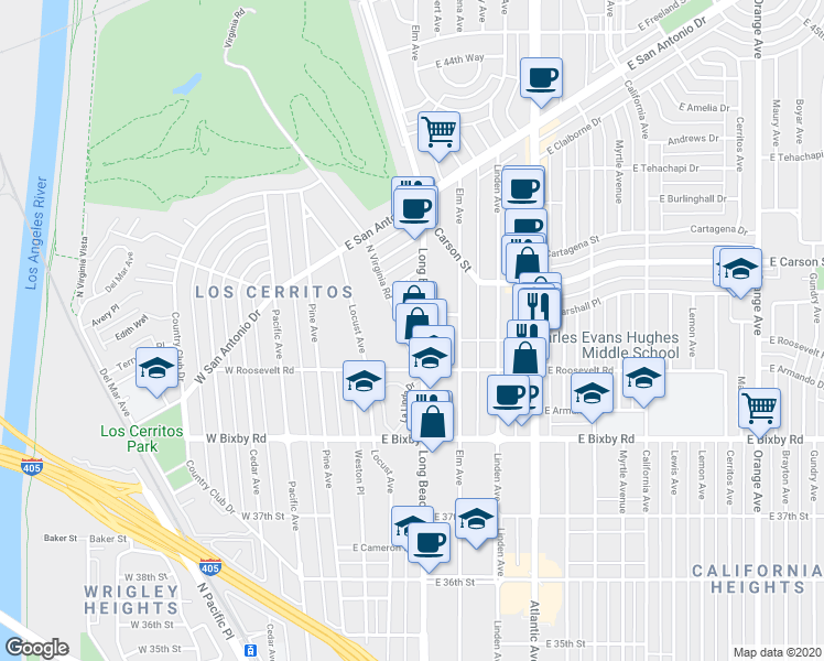 map of restaurants, bars, coffee shops, grocery stores, and more near 3913 Long Beach Boulevard in Long Beach