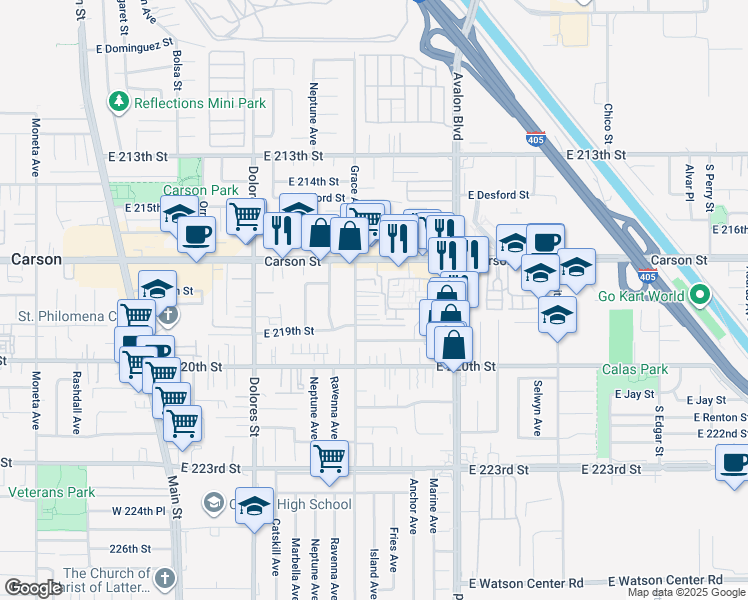 map of restaurants, bars, coffee shops, grocery stores, and more near 21828 Grace Avenue in Carson