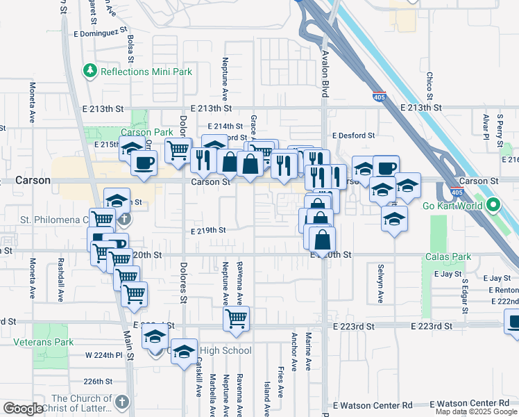map of restaurants, bars, coffee shops, grocery stores, and more near 21828 Grace Avenue in Carson