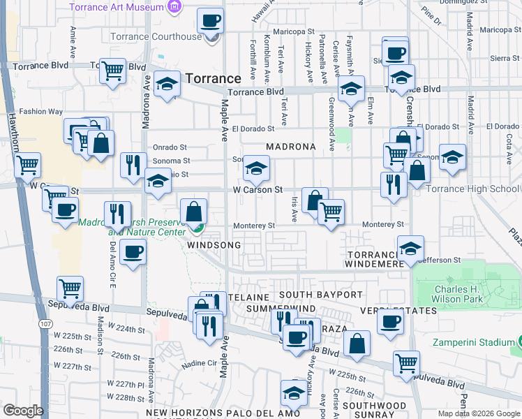 map of restaurants, bars, coffee shops, grocery stores, and more near 1754 Flower Avenue in Torrance