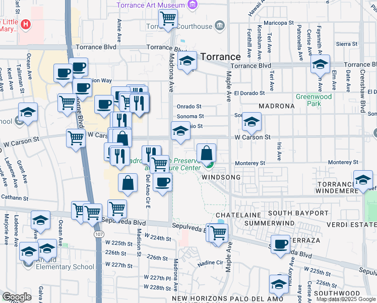 map of restaurants, bars, coffee shops, grocery stores, and more near 3345 Plaza del Amo in Torrance