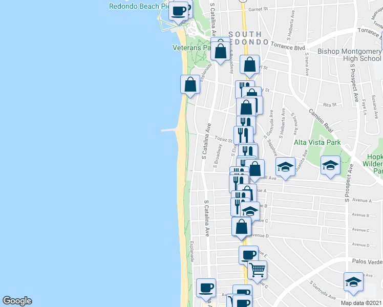 map of restaurants, bars, coffee shops, grocery stores, and more near 735 Esplanade in Redondo Beach