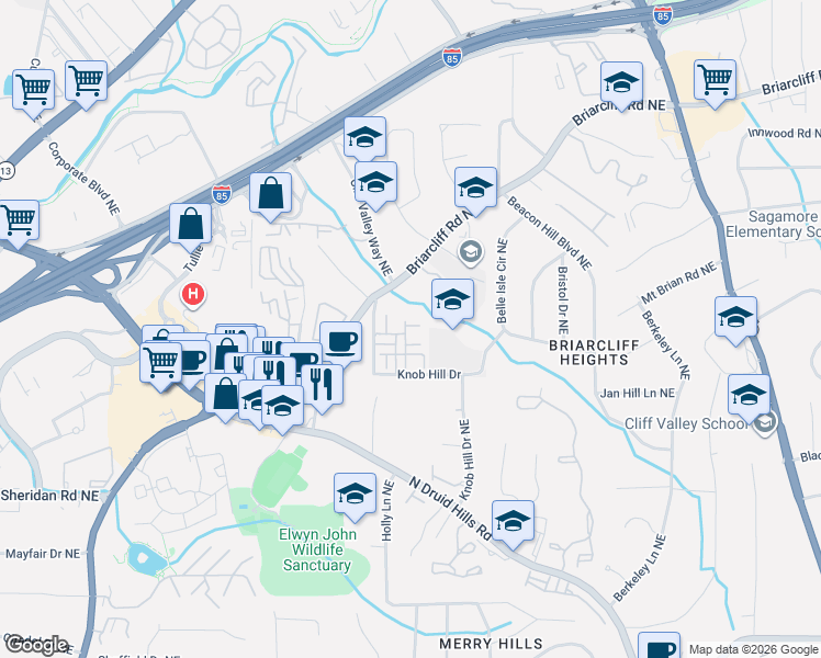 map of restaurants, bars, coffee shops, grocery stores, and more near 2629 Portbury Place Northeast in Atlanta