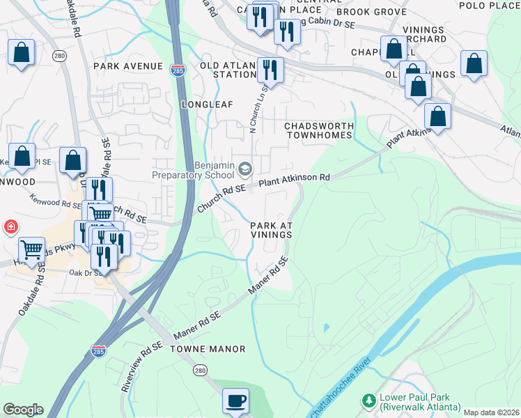 map of restaurants, bars, coffee shops, grocery stores, and more near in Atlanta