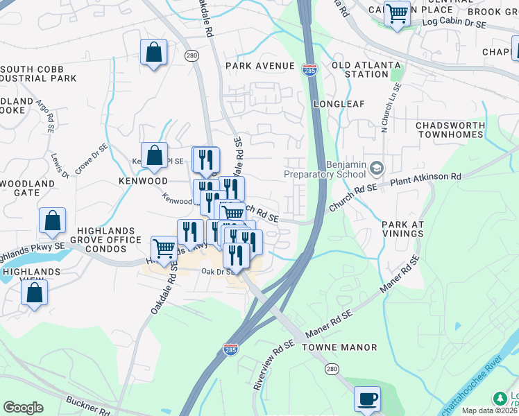 map of restaurants, bars, coffee shops, grocery stores, and more near 2195 Church Road Southeast in Smyrna