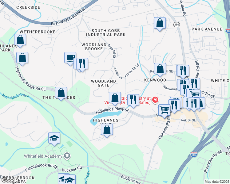 map of restaurants, bars, coffee shops, grocery stores, and more near 5090 Healey Drive in Smyrna