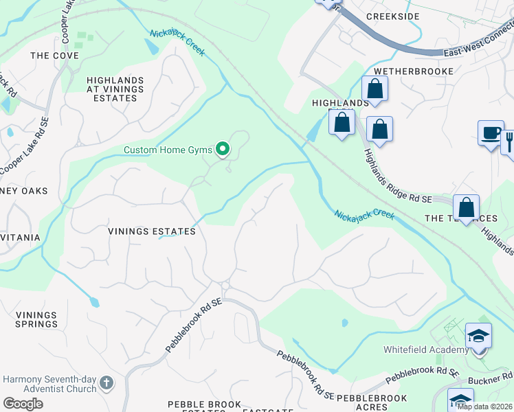 map of restaurants, bars, coffee shops, grocery stores, and more near 5315 Whitehaven Park Lane Southeast in Mableton