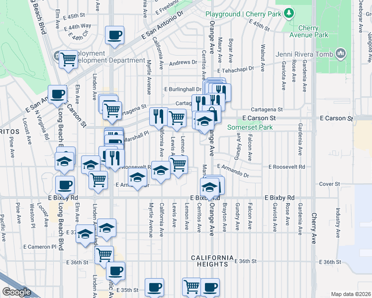 map of restaurants, bars, coffee shops, grocery stores, and more near 3928 Lemon Avenue in Long Beach