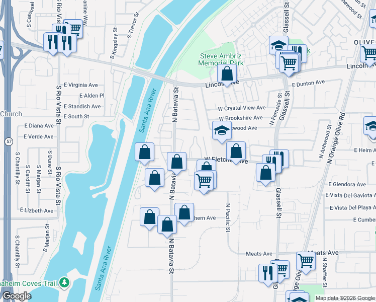 map of restaurants, bars, coffee shops, grocery stores, and more near 803 West Fletcher Avenue in Orange