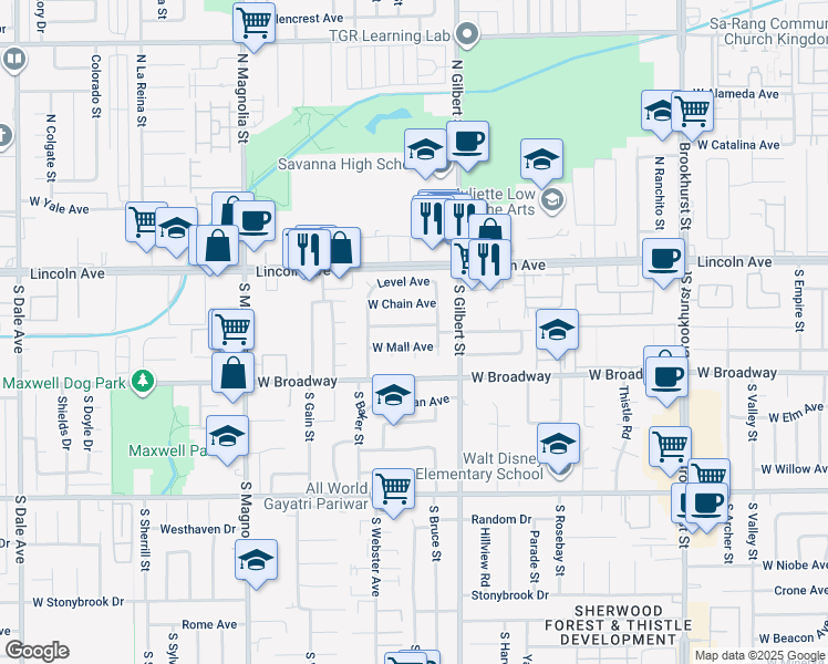 map of restaurants, bars, coffee shops, grocery stores, and more near 2432 West Transit Avenue in Anaheim