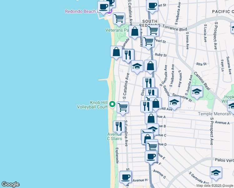 map of restaurants, bars, coffee shops, grocery stores, and more near in Redondo Beach
