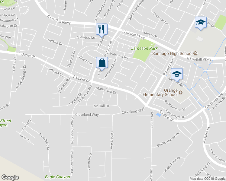 map of restaurants, bars, coffee shops, grocery stores, and more near 1041 Stanislaus Drive in Corona