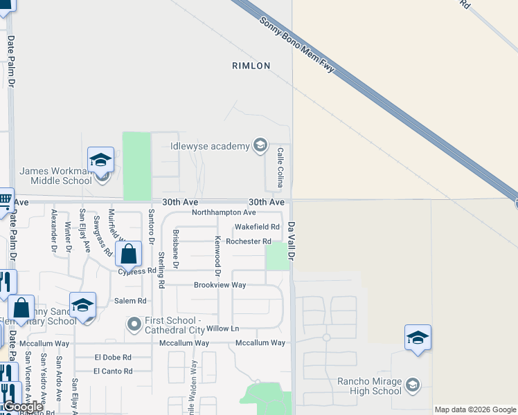map of restaurants, bars, coffee shops, grocery stores, and more near 69822 Wakefield Road in Cathedral City