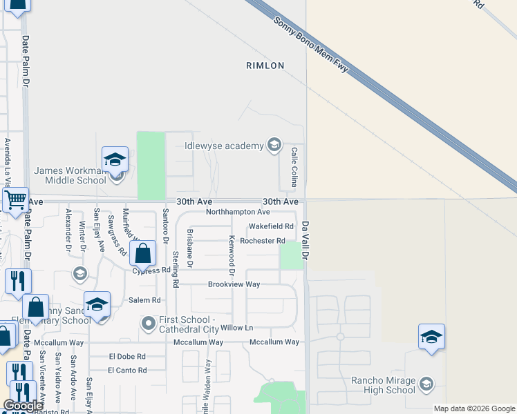 map of restaurants, bars, coffee shops, grocery stores, and more near 69822 Wakefield Road in Cathedral City