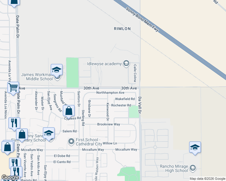 map of restaurants, bars, coffee shops, grocery stores, and more near 30152 Kenwood Drive in Cathedral City