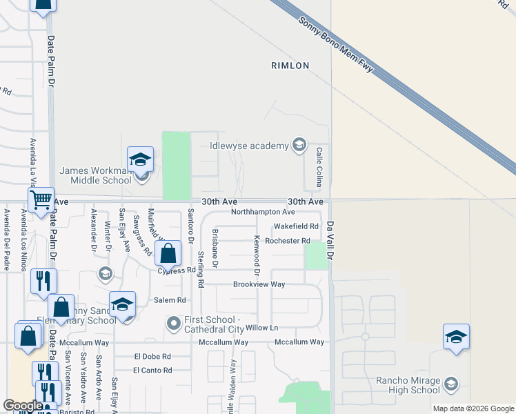 map of restaurants, bars, coffee shops, grocery stores, and more near 30152 Kenwood Drive in Cathedral City