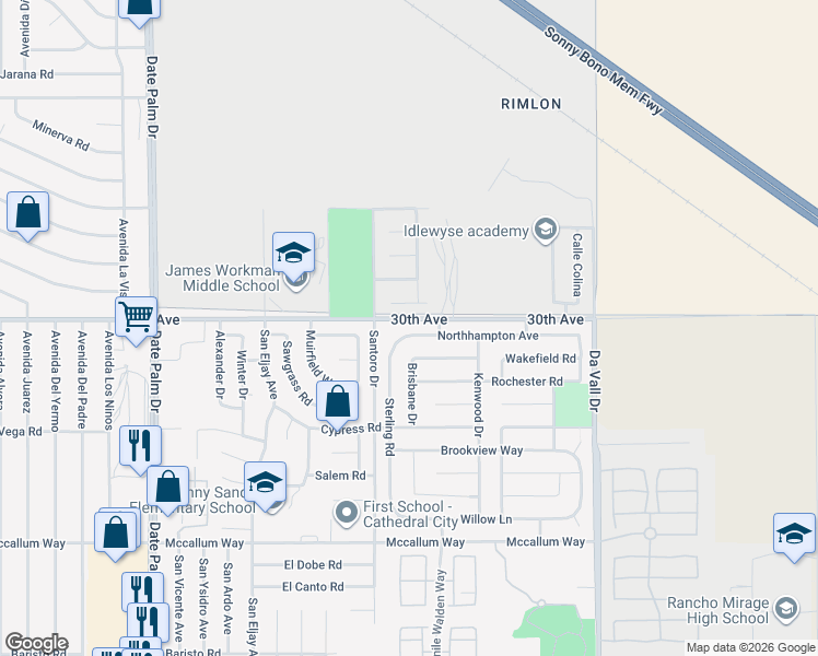 map of restaurants, bars, coffee shops, grocery stores, and more near 69592 Ridgeway Avenue in Cathedral City