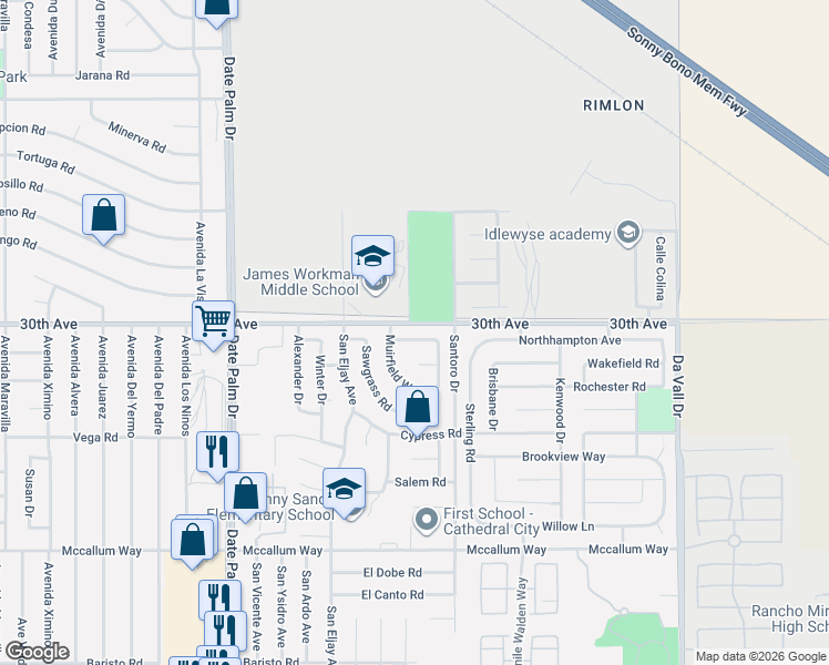 map of restaurants, bars, coffee shops, grocery stores, and more near 69450 Turnberry Court in Cathedral City