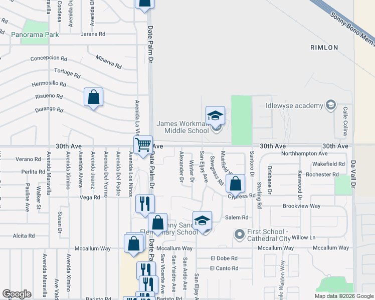 map of restaurants, bars, coffee shops, grocery stores, and more near 30122 Alexander Drive in Cathedral City