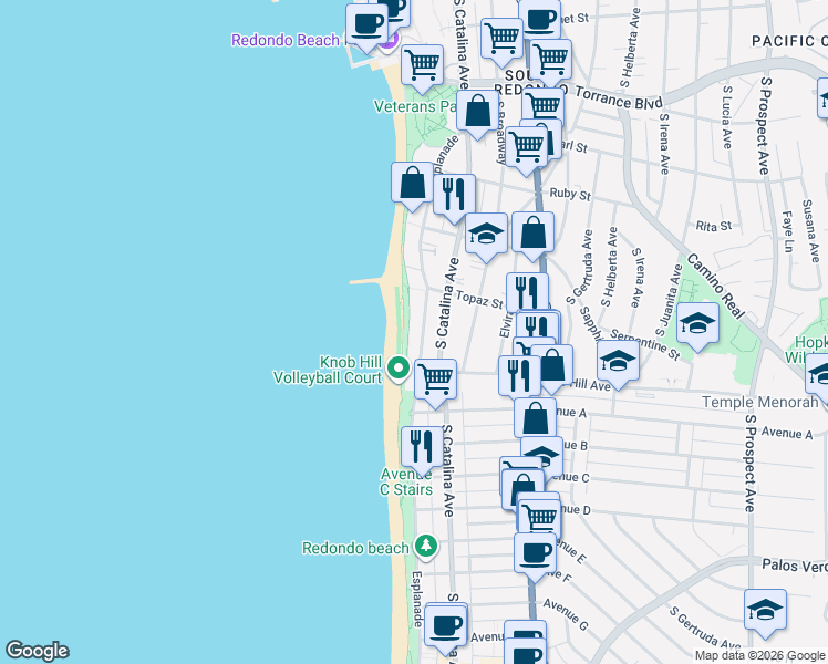 map of restaurants, bars, coffee shops, grocery stores, and more near 735 Esplanade in Redondo Beach