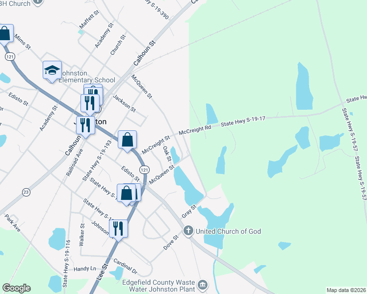 map of restaurants, bars, coffee shops, grocery stores, and more near 212 McQueen Street in Johnston