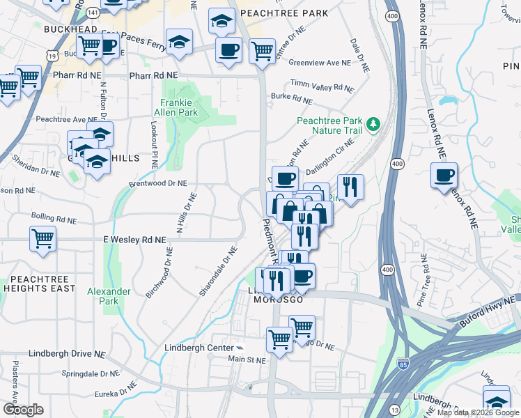 map of restaurants, bars, coffee shops, grocery stores, and more near in Atlanta