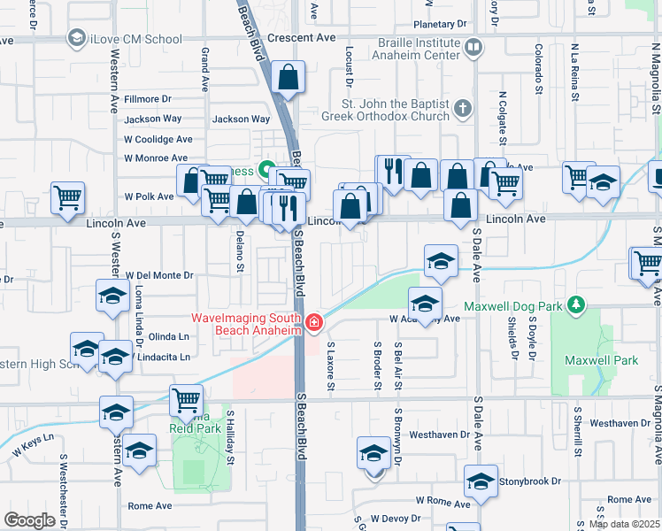 map of restaurants, bars, coffee shops, grocery stores, and more near 107 South Laxore Street in Anaheim