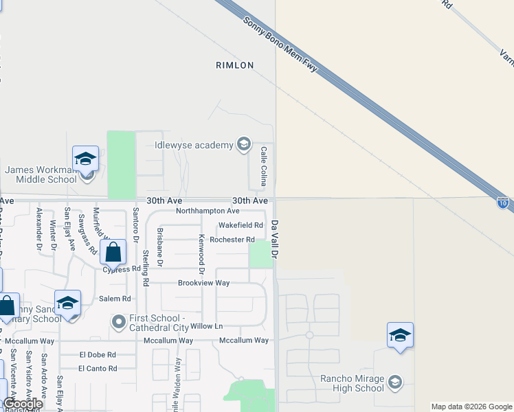 map of restaurants, bars, coffee shops, grocery stores, and more near 69910 Northhampton Avenue in Cathedral City