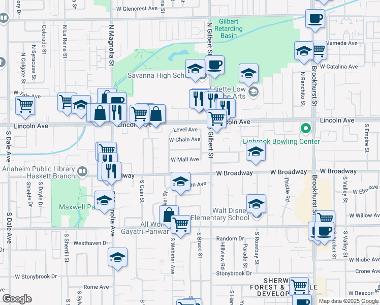 map of restaurants, bars, coffee shops, grocery stores, and more near 2432 West Transit Avenue in Anaheim
