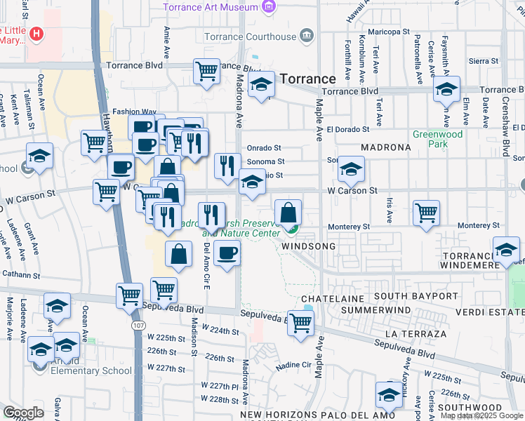 map of restaurants, bars, coffee shops, grocery stores, and more near 3220 Merrill Drive in Torrance