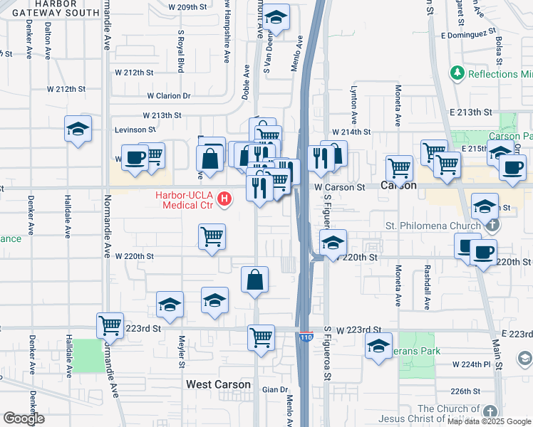 map of restaurants, bars, coffee shops, grocery stores, and more near 21858 Vermont Avenue in Torrance