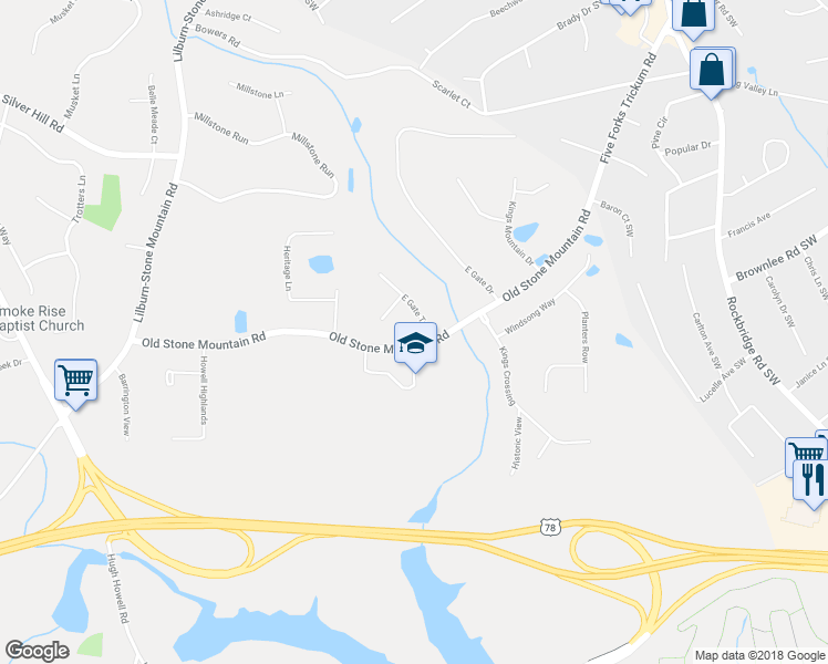 map of restaurants, bars, coffee shops, grocery stores, and more near 1702 East Gate Trail in Stone Mountain