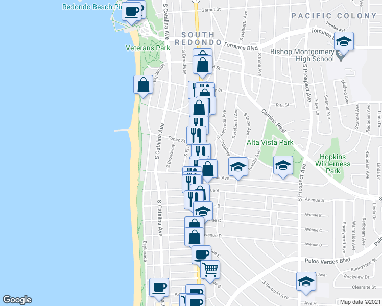 map of restaurants, bars, coffee shops, grocery stores, and more near 708 South Elvira Avenue in Redondo Beach