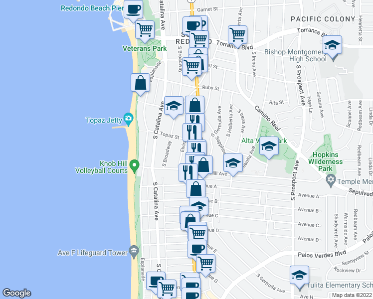map of restaurants, bars, coffee shops, grocery stores, and more near 708 South Elvira Avenue in Redondo Beach