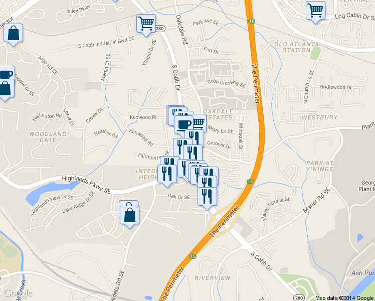 map of restaurants, bars, coffee shops, grocery stores, and more near South Cobb Dr SE & Church Rd in Smyrna