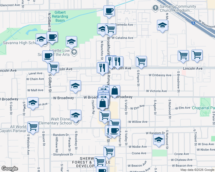 map of restaurants, bars, coffee shops, grocery stores, and more near 233 S Brookhurst St in Anaheim