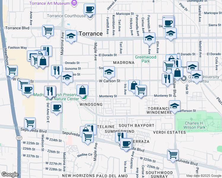 map of restaurants, bars, coffee shops, grocery stores, and more near 1730 Flower Avenue in Torrance