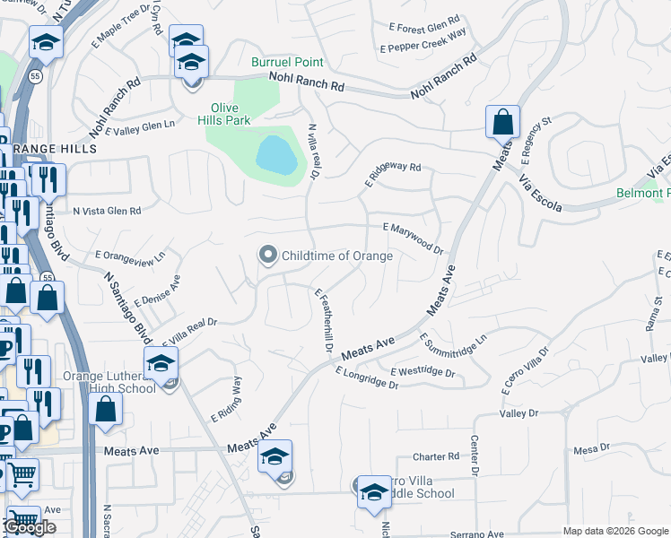 map of restaurants, bars, coffee shops, grocery stores, and more near 2533 North Shady Forest Lane in Orange