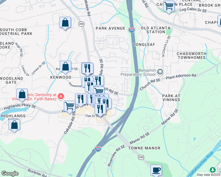 map of restaurants, bars, coffee shops, grocery stores, and more near 2195 Church Road Southeast in Smyrna