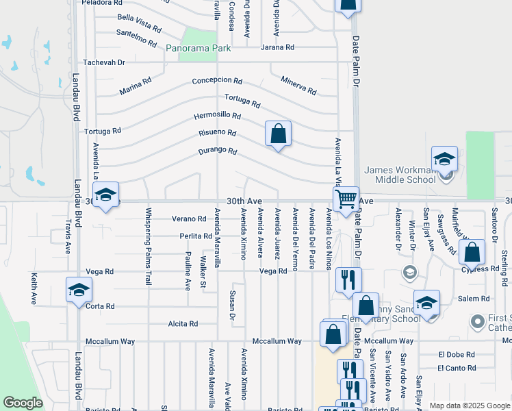 map of restaurants, bars, coffee shops, grocery stores, and more near 30005 Avenida Alvera in Cathedral City